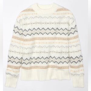 AMERICAN EAGLE WOMENS SO SOFT CREWNECK SWEATER WHITE FAIR ISLE PATTERN XS